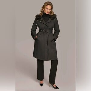 Donna Karan Women's Faux-Fur-Trim Hooded Raincoat _ XL